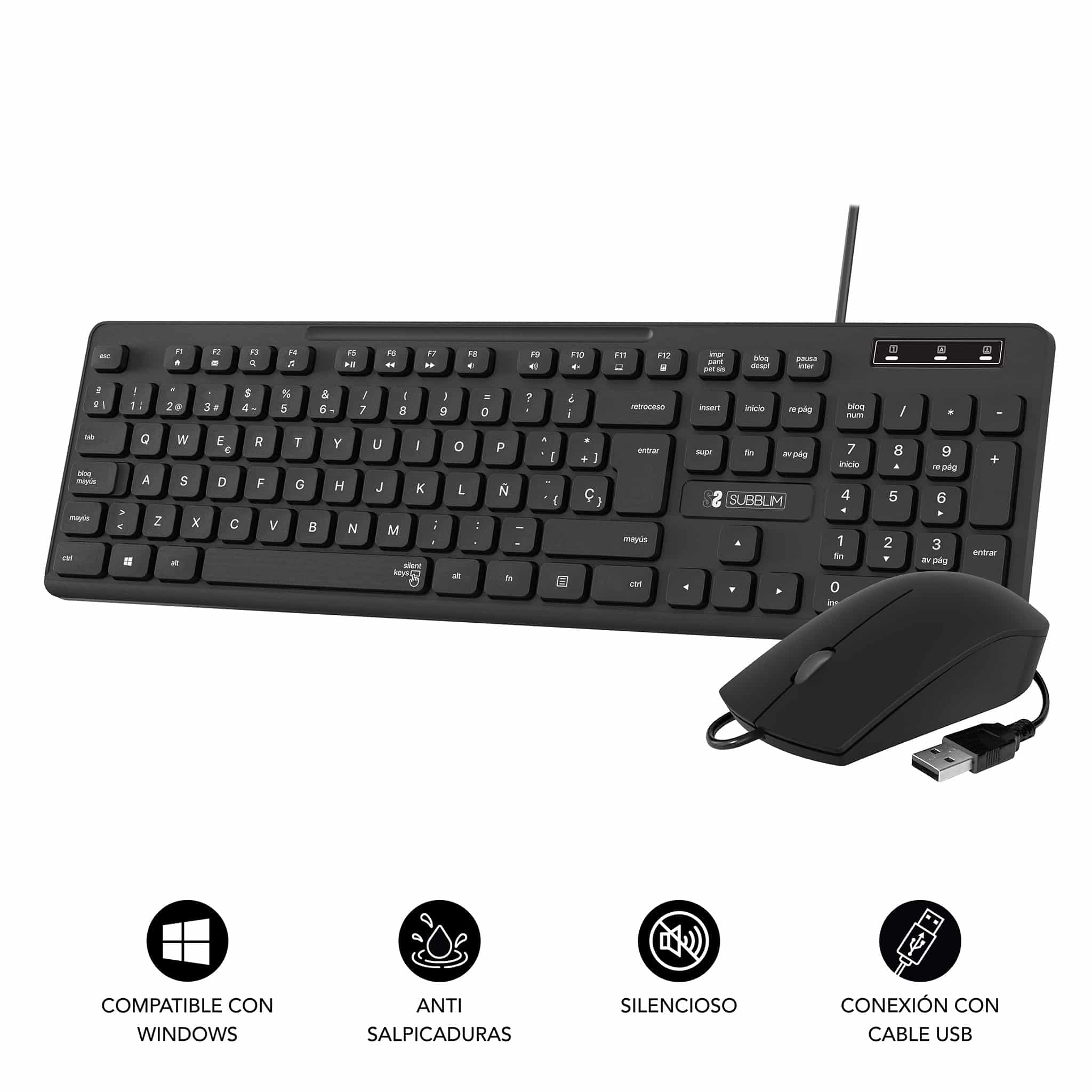 TECLADO Y RATÓN SUBBLIM SLIM SILENCIOSO CON CABLE USB – NEGRO