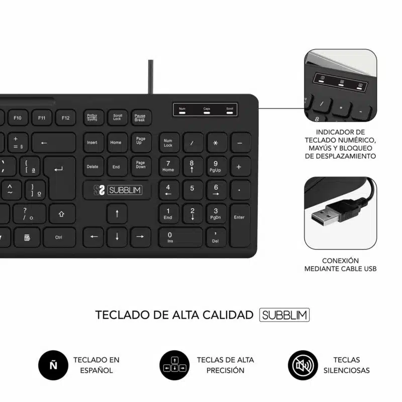 TECLADO Y RATÓN SUBBLIM SLIM SILENCIOSO CON CABLE USB – NEGRO